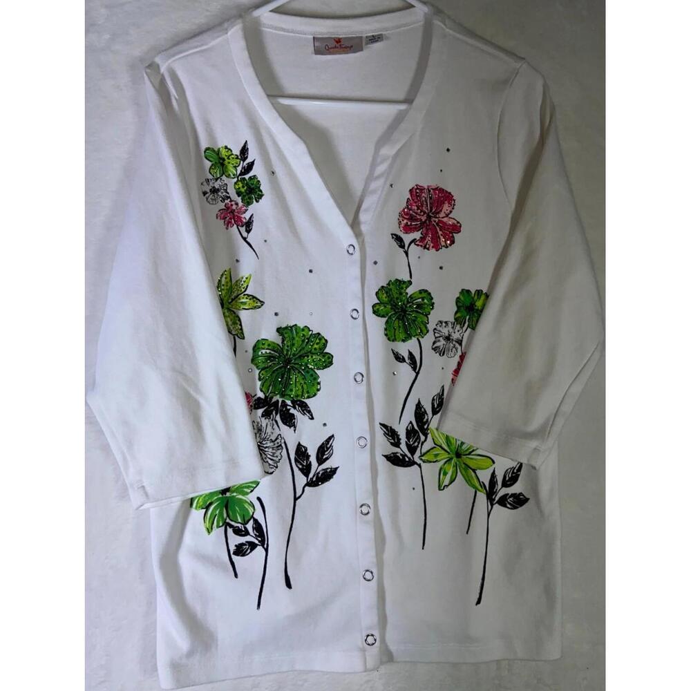 Quacker Factory Jeanne Bice Large Cardigan Embroidery Beaded Flowers Sweater - Picture 4 of 11
